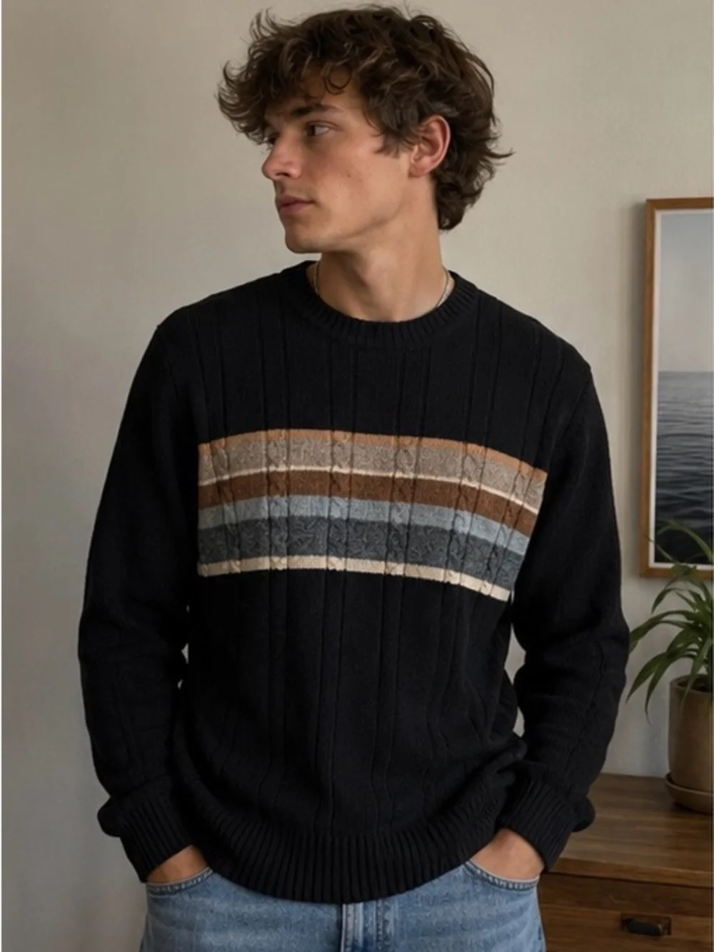 Geoffrey Beene Vintage Cotton Crewneck Sweater Men’s Large Black Striped Knit